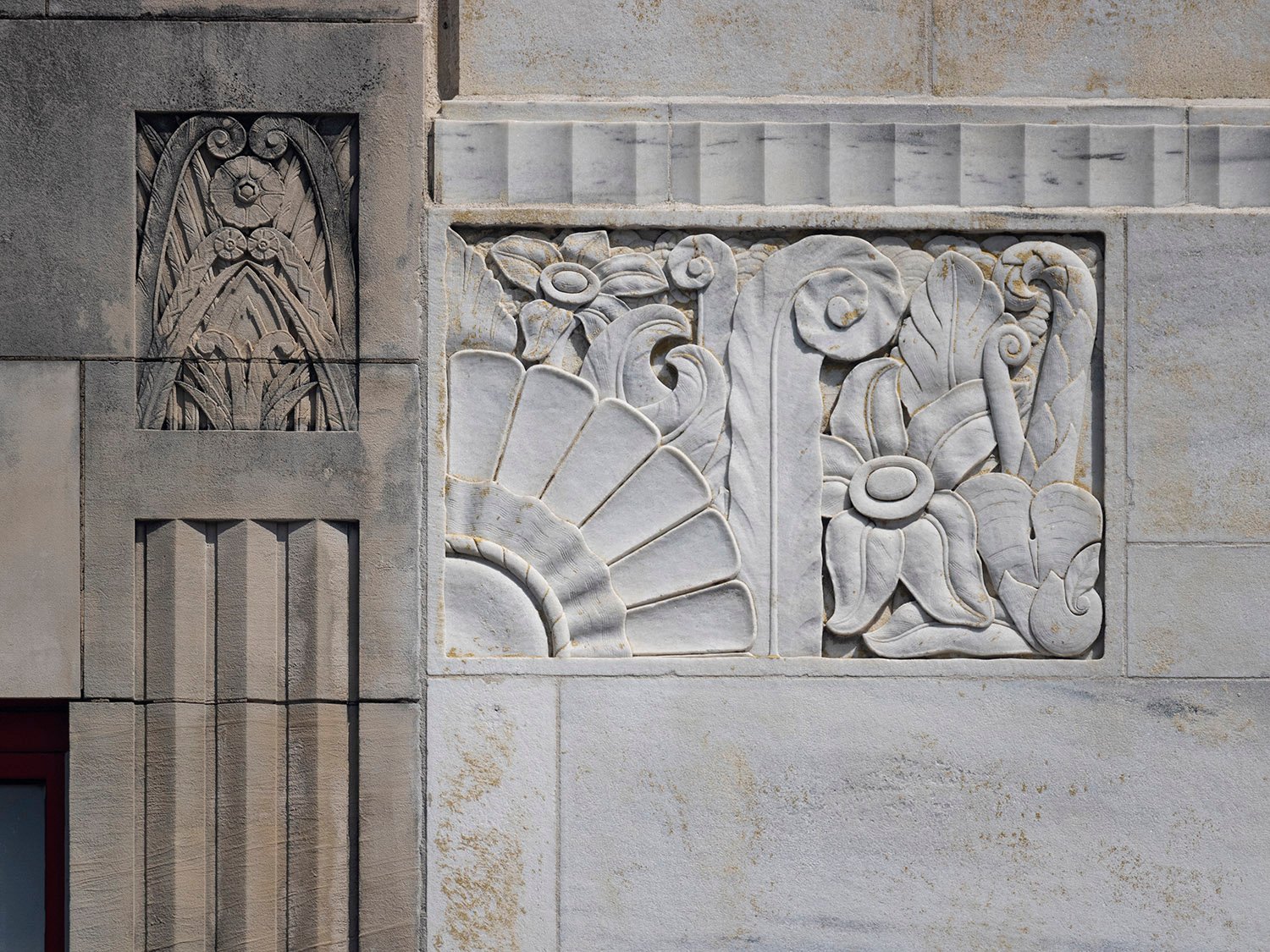 Bas-relief ornamentation and marble block on the facade of the Strand Theatre, Marietta, Georgia