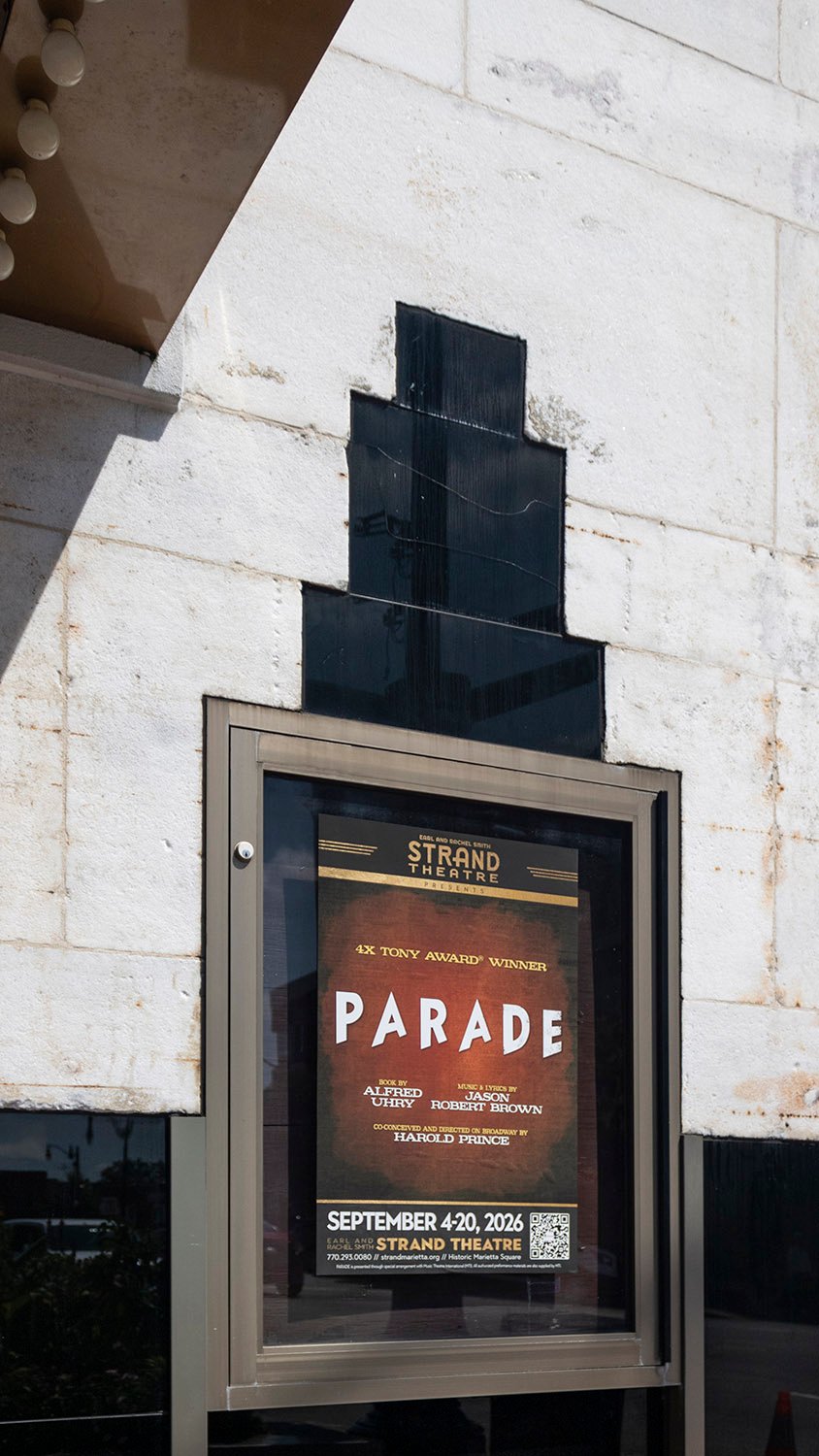 Poster display on the facade of the Strand Theatre, Marietta, Georgia