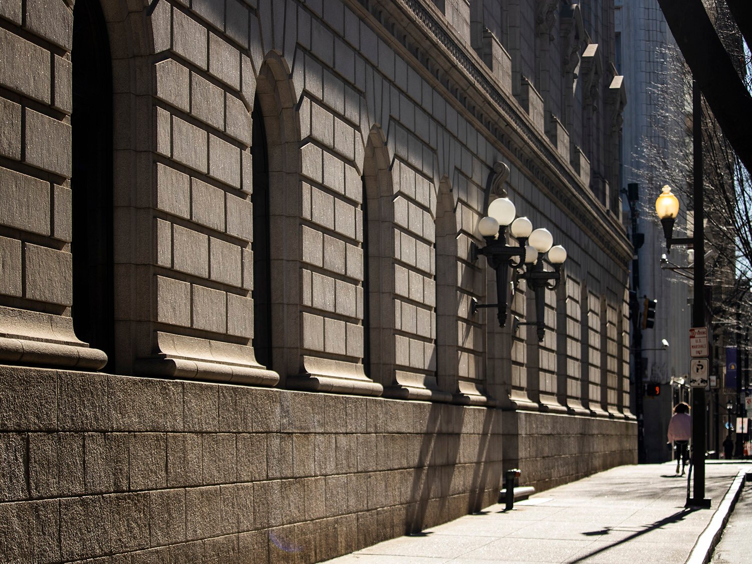 Looking at the south elevation of the United States Post Office and Courthouse from the west