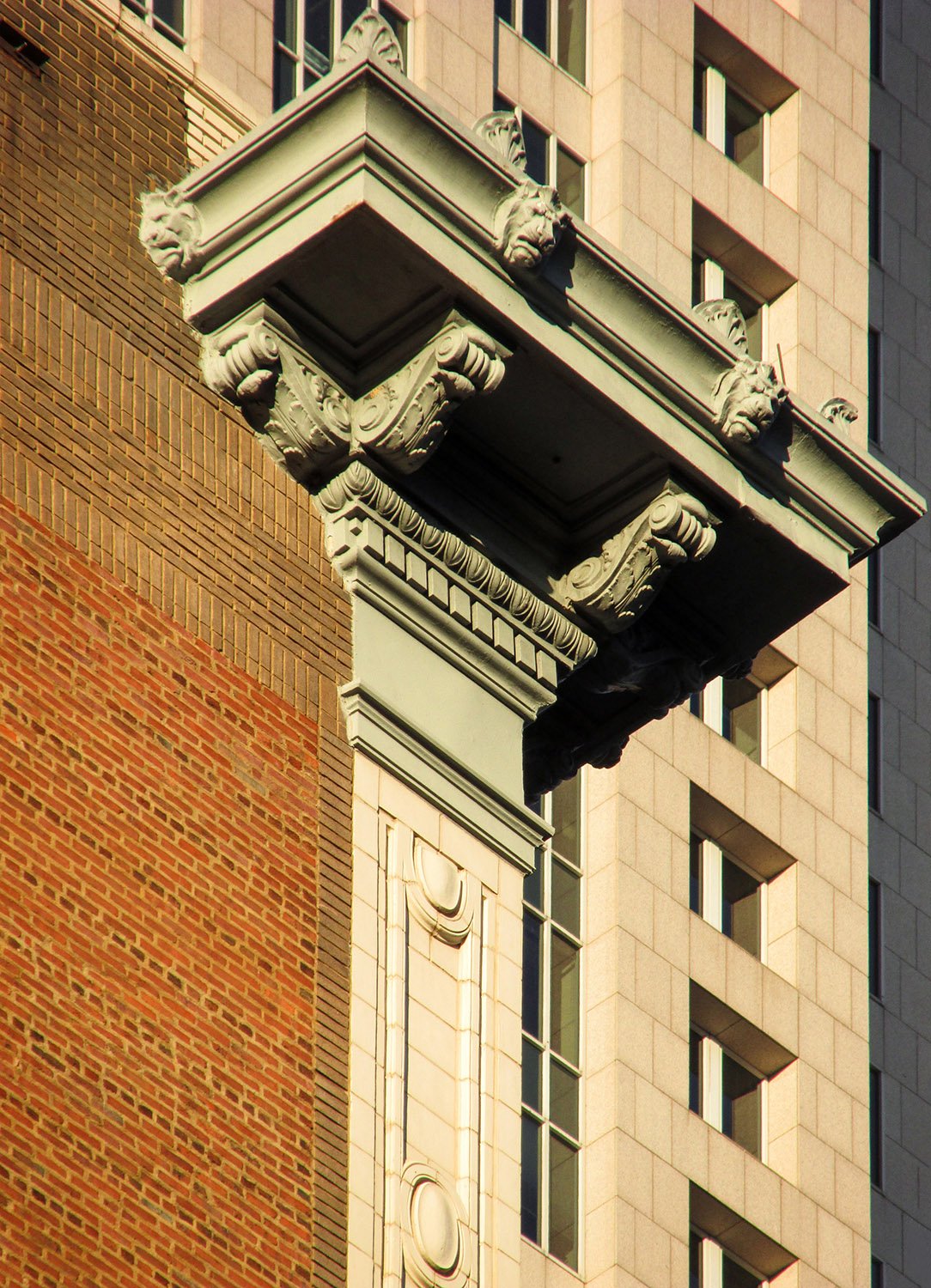 Cornice, eaves, and terracotta panel on the southeast corner of the Winecoff Hotel, Atlanta