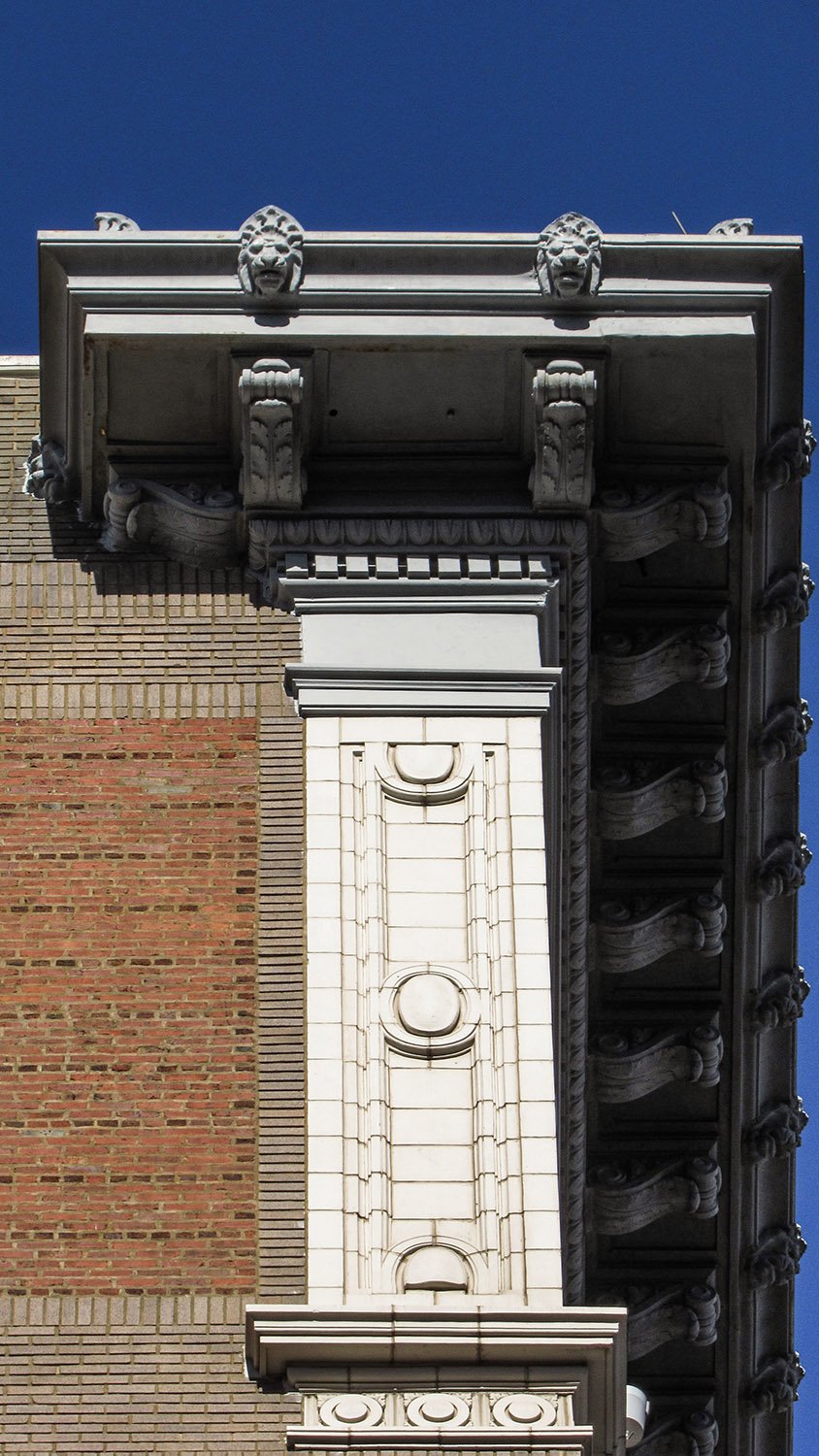 Gargoyles, cornice, eaves, and terracotta panels on the southeast corner of the Winecoff Hotel, Atlanta