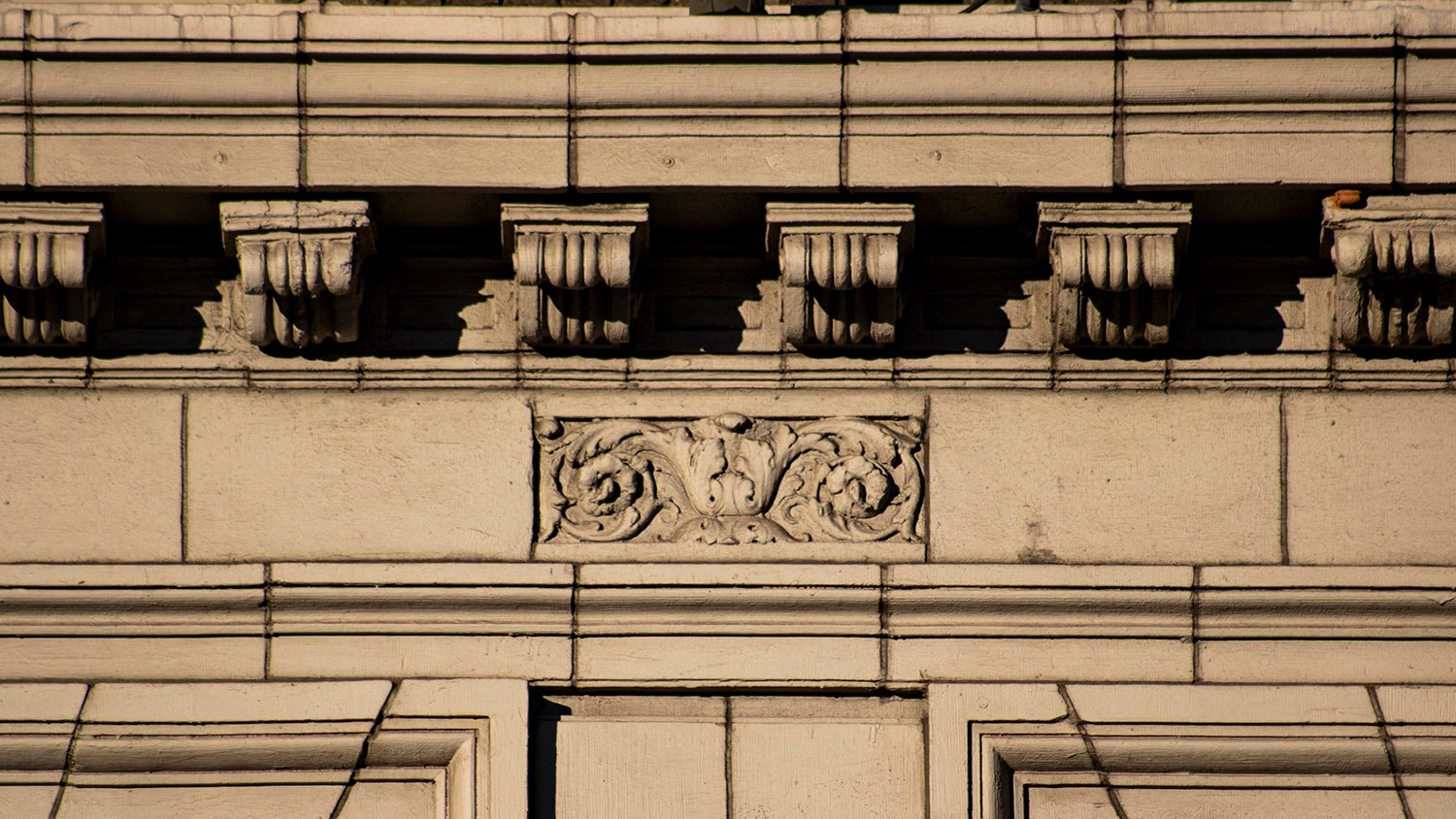 Consoles and terracotta panel on the facade of the Winecoff Hotel, Atlanta